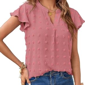 MEROKEETY 2024 Summer V Neck Ruffle Short Sleeve Blouse Swiss Dot Mocha Medium